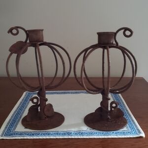 Pumpkin rustic brown candlesticks set of 2